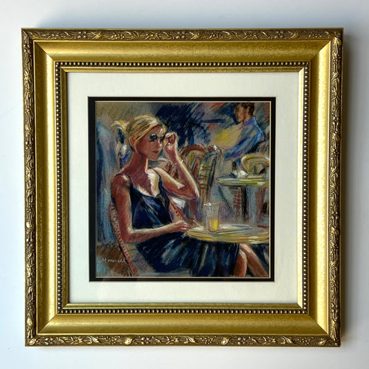 Contemporary Pastel "Sidewalk Cafe" Portrait of Blonde Woman Urban Street Scene in Gold Frame