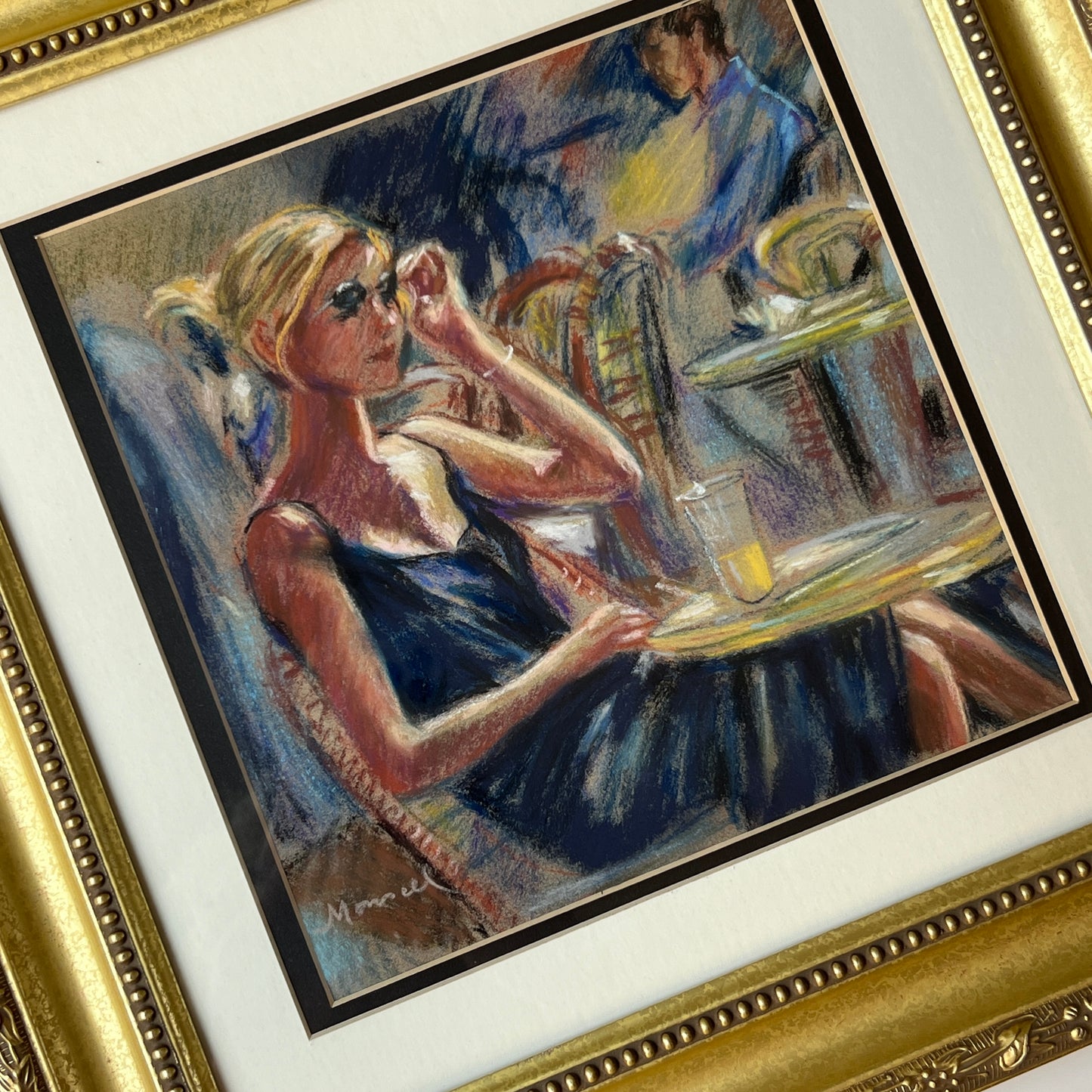 Contemporary Pastel "Sidewalk Cafe" Portrait of Blonde Woman Urban Street Scene in Gold Frame