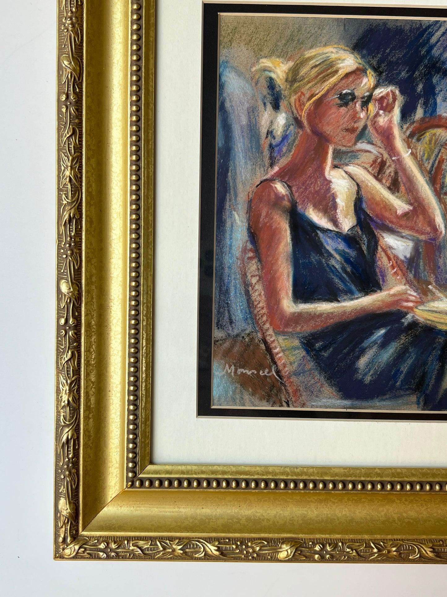 Contemporary Pastel "Sidewalk Cafe" Portrait of Blonde Woman Urban Street Scene in Gold Frame