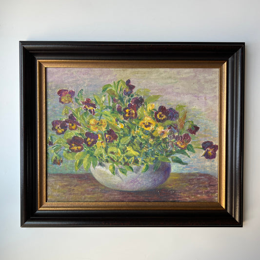 Vintage Still Life Oil Painting of Pansies in Bowl in Black and Gold Frame