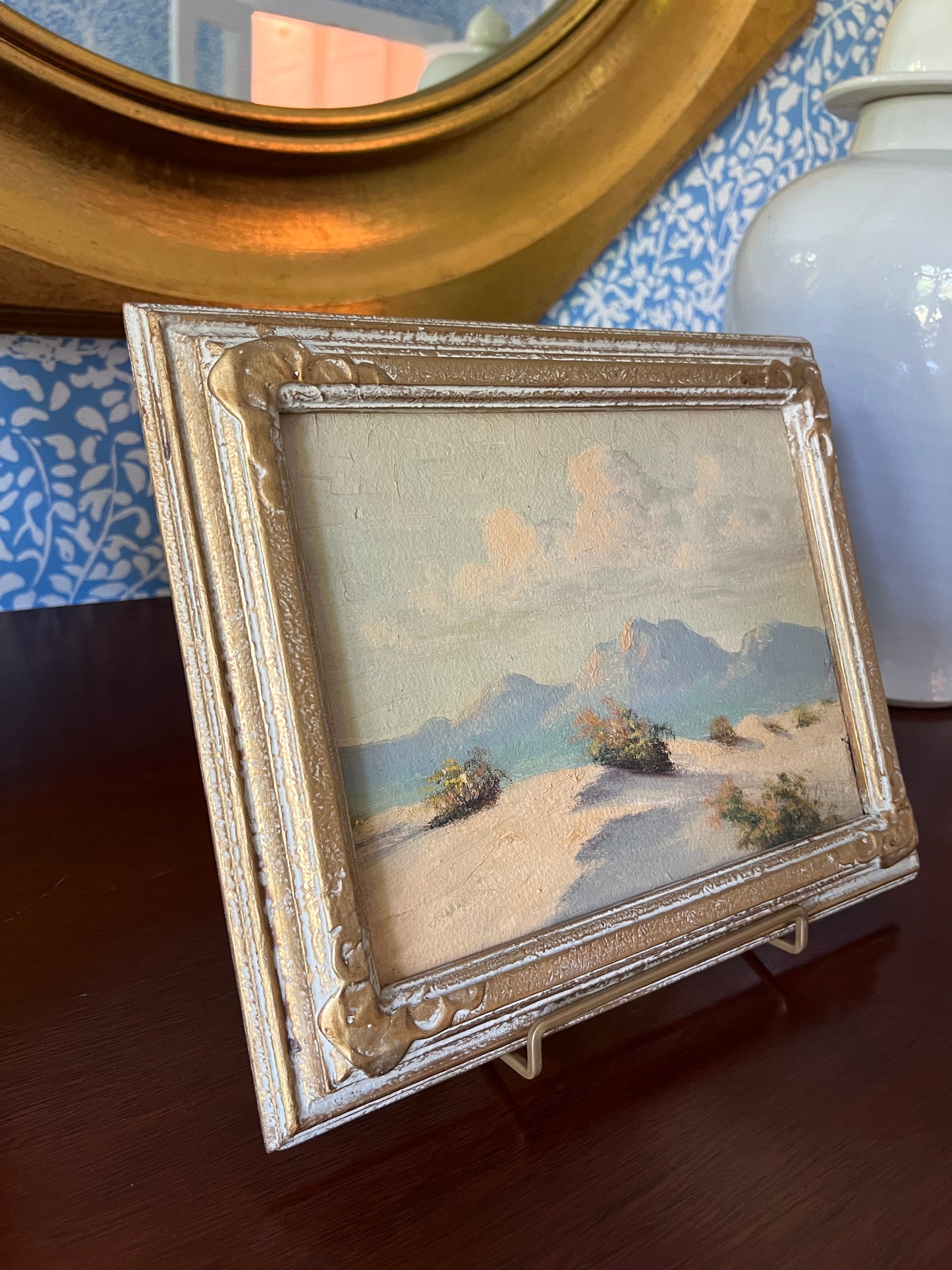 Early 20th Century American California Desert Mountain Landscape Oil Painting in Gold Frame