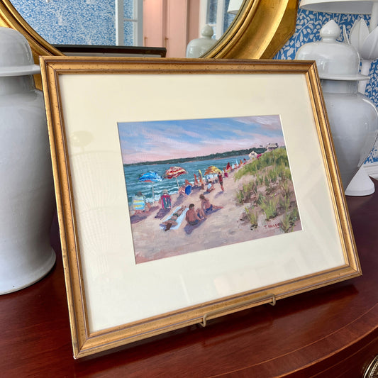 Tom Hussey "Afternoon at Ocean Park" Maine Beach Scene Oil Painting in Gold Frame