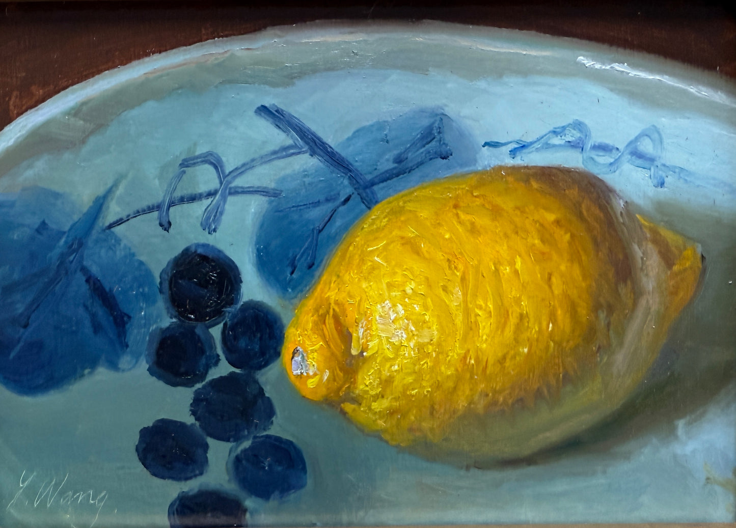 Contemporary Lemon in Blue and White Bowl Still Life Oil Painting in Gold Frame