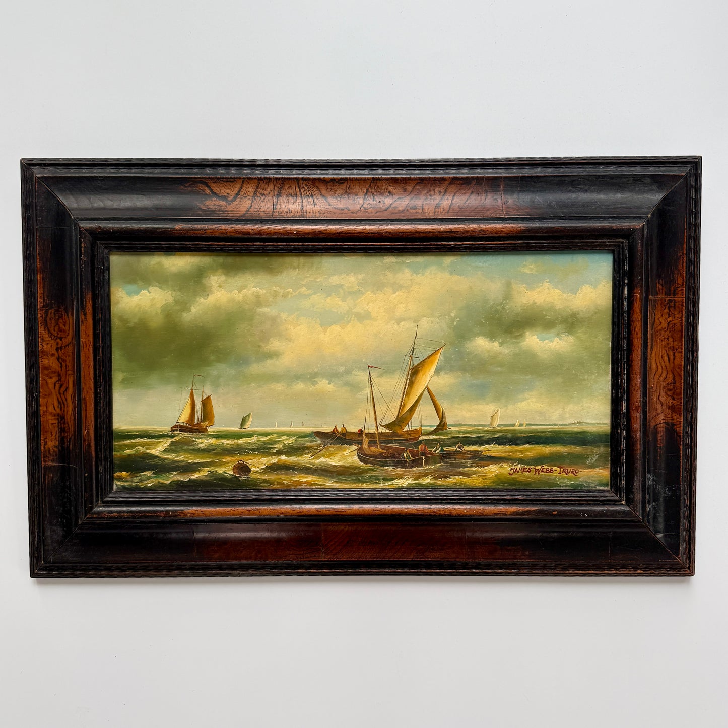 19th C. Sailboats in Truro Seascape Oil Painting in Original Carved Wood Frame