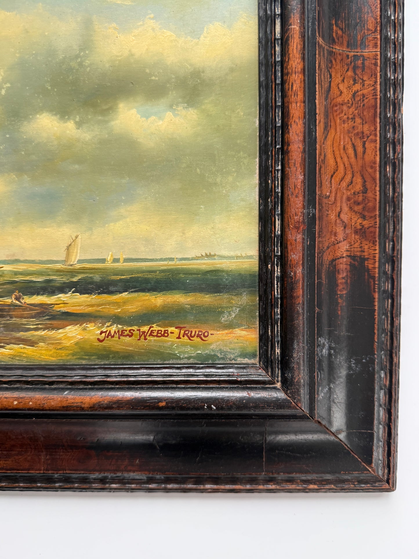 19th C. Sailboats in Truro Seascape Oil Painting in Original Carved Wood Frame