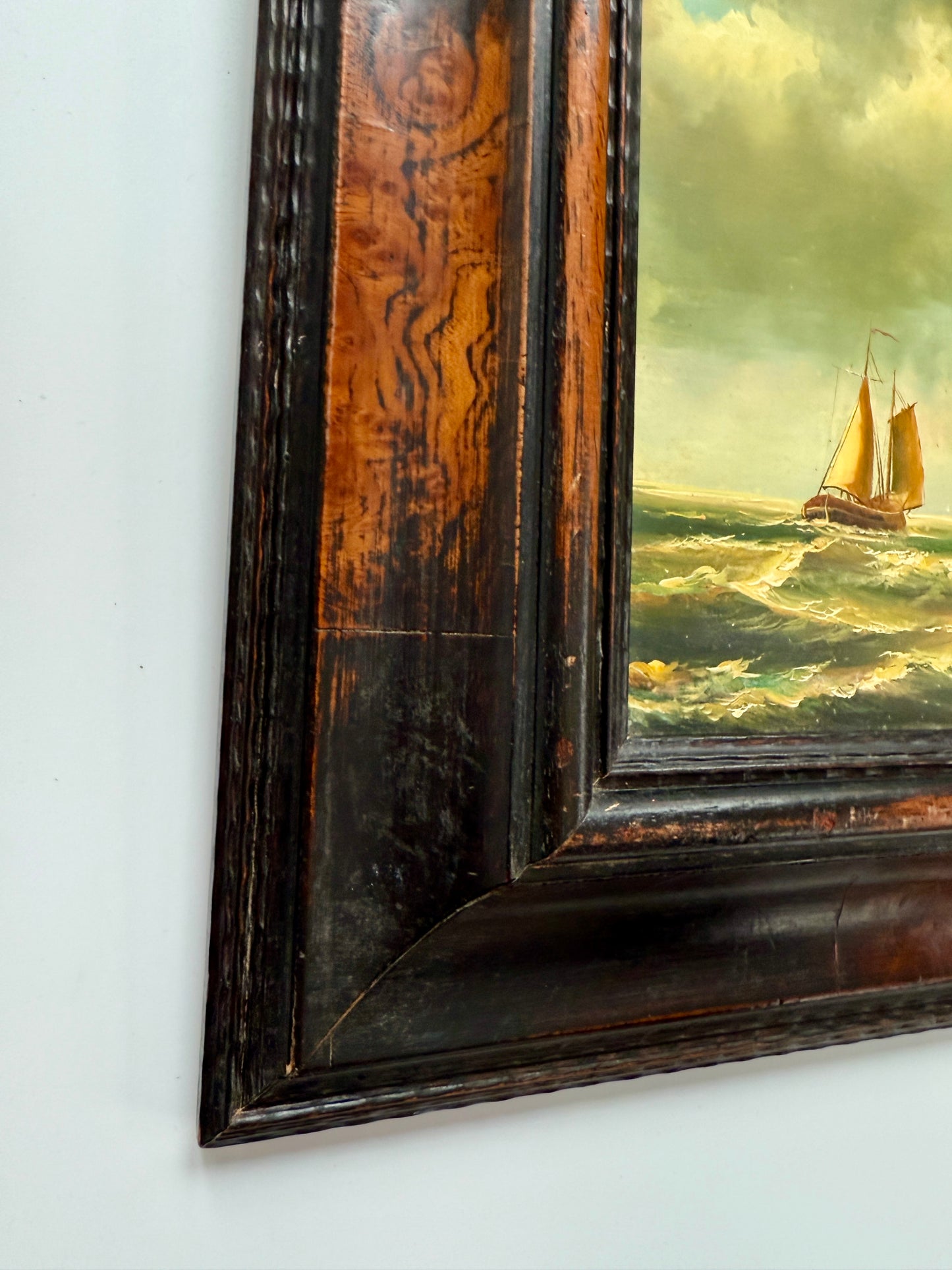 19th C. Sailboats in Truro Seascape Oil Painting in Original Carved Wood Frame