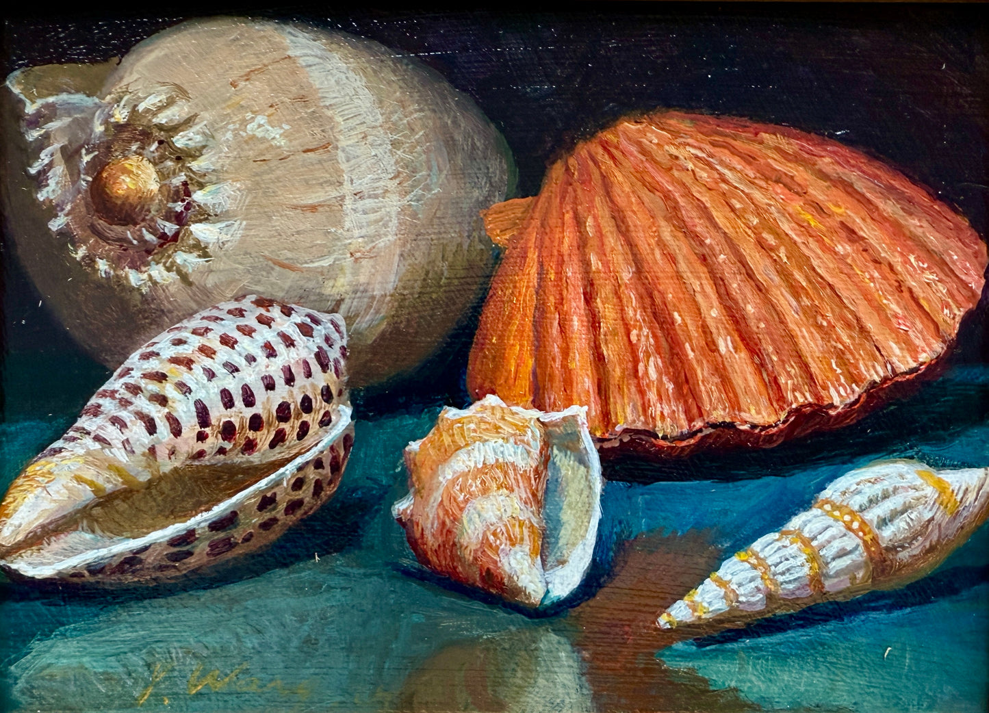 Nautilus Cowrie Scallop Seashells Still Life Oil Painting in Gold Frame