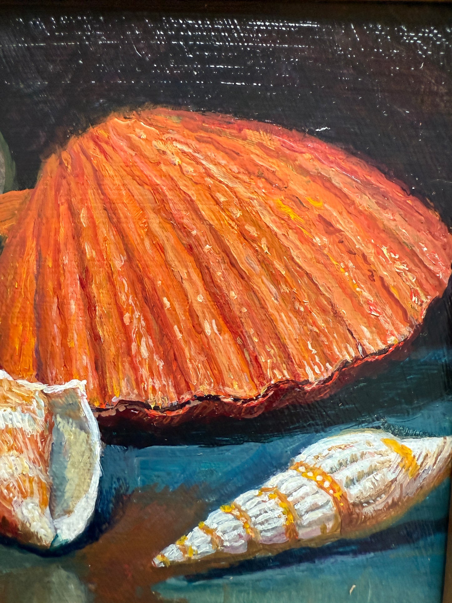 Nautilus Cowrie Scallop Seashells Still Life Oil Painting in Gold Frame