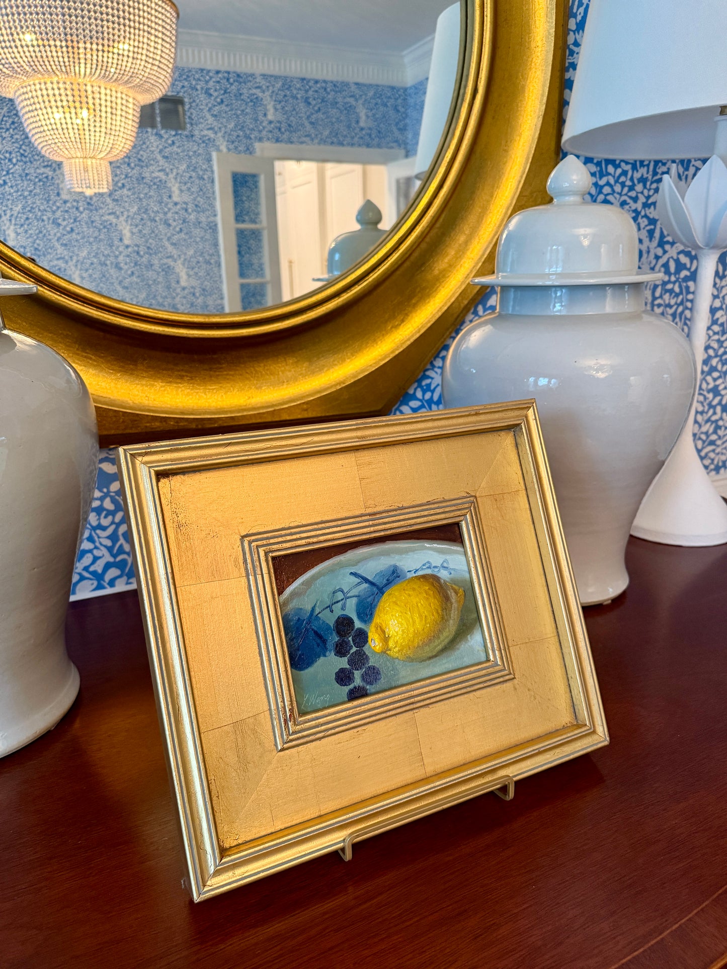 Contemporary Lemon in Blue and White Bowl Still Life Oil Painting in Gold Frame