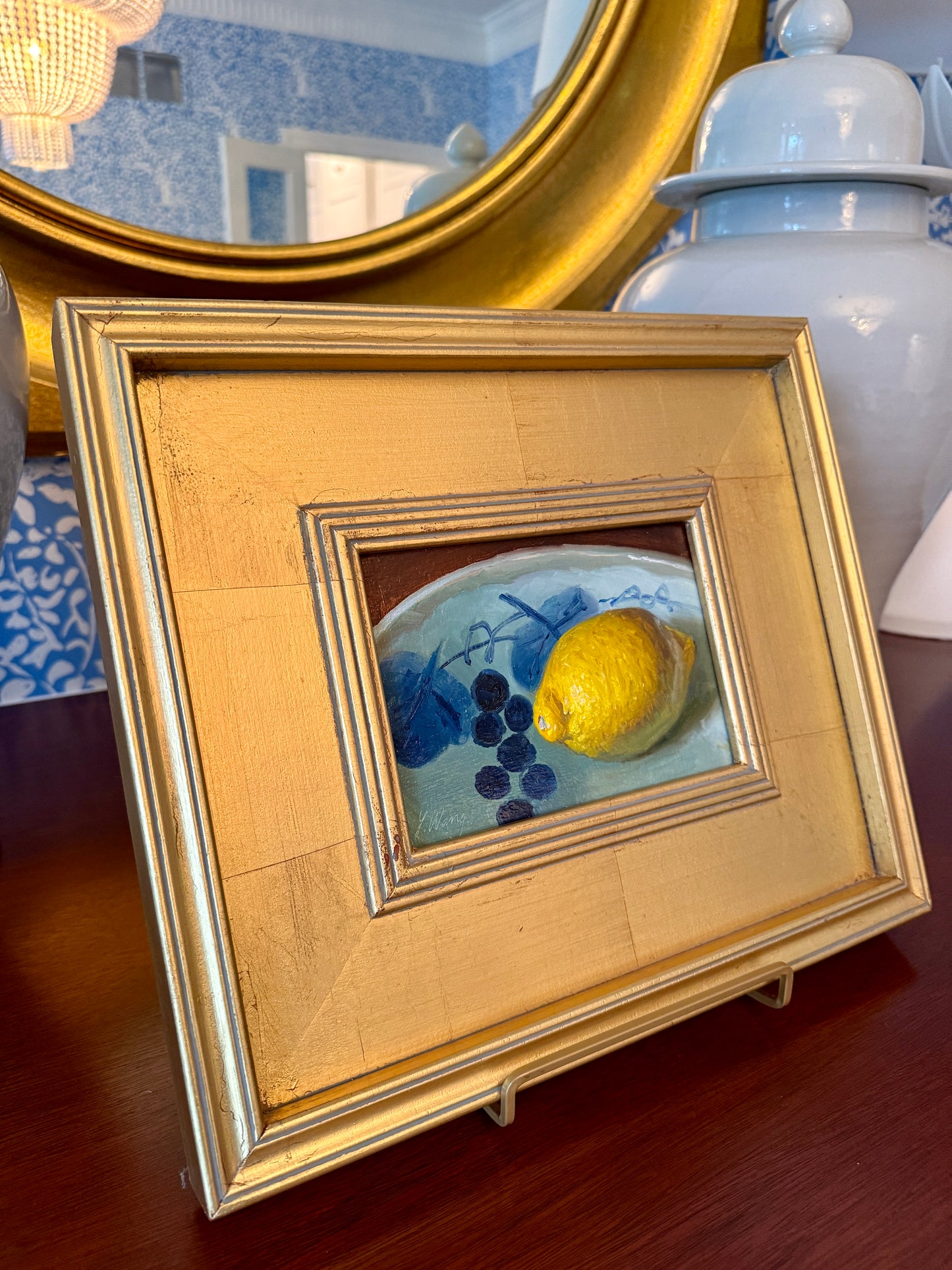 Contemporary Lemon in Blue and White Bowl Still Life Oil Painting in Gold Frame