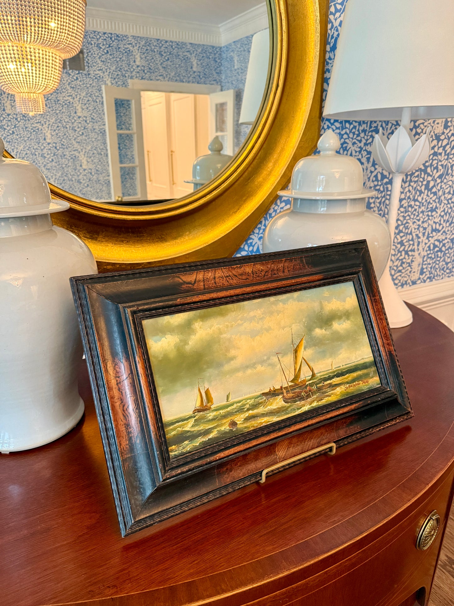 19th C. Sailboats in Truro Seascape Oil Painting in Original Carved Wood Frame