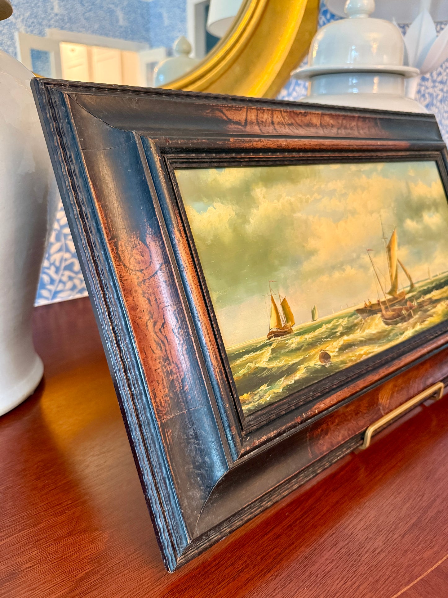 19th C. Sailboats in Truro Seascape Oil Painting in Original Carved Wood Frame