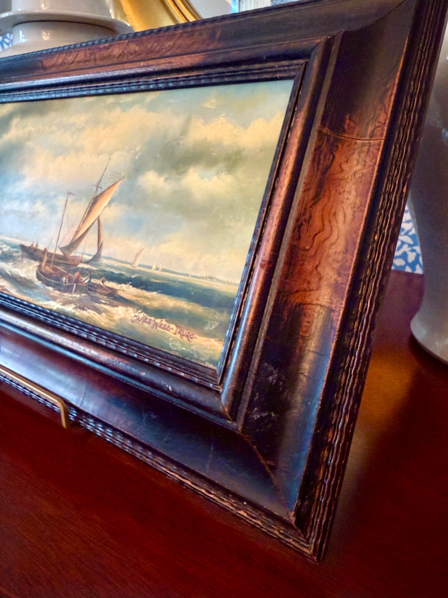 19th C. Sailboats in Truro Seascape Oil Painting in Original Carved Wood Frame