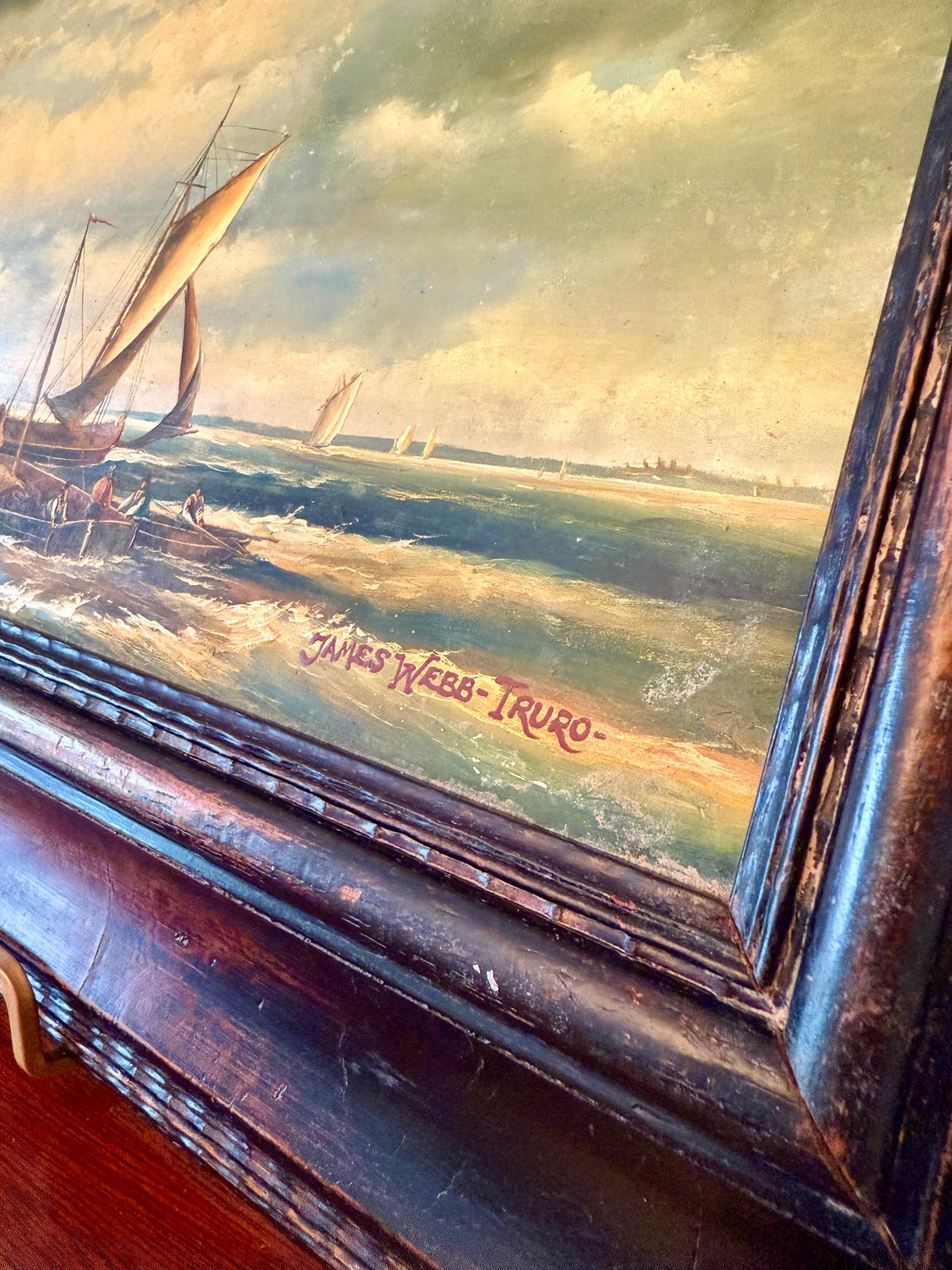 19th C. Sailboats in Truro Seascape Oil Painting in Original Carved Wood Frame