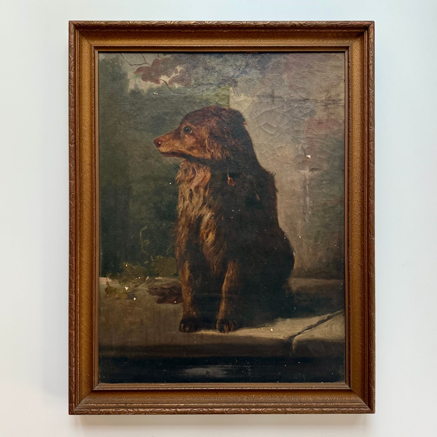 19th Century Dog Portrait Oil Painting in Original Carved Wood Frame