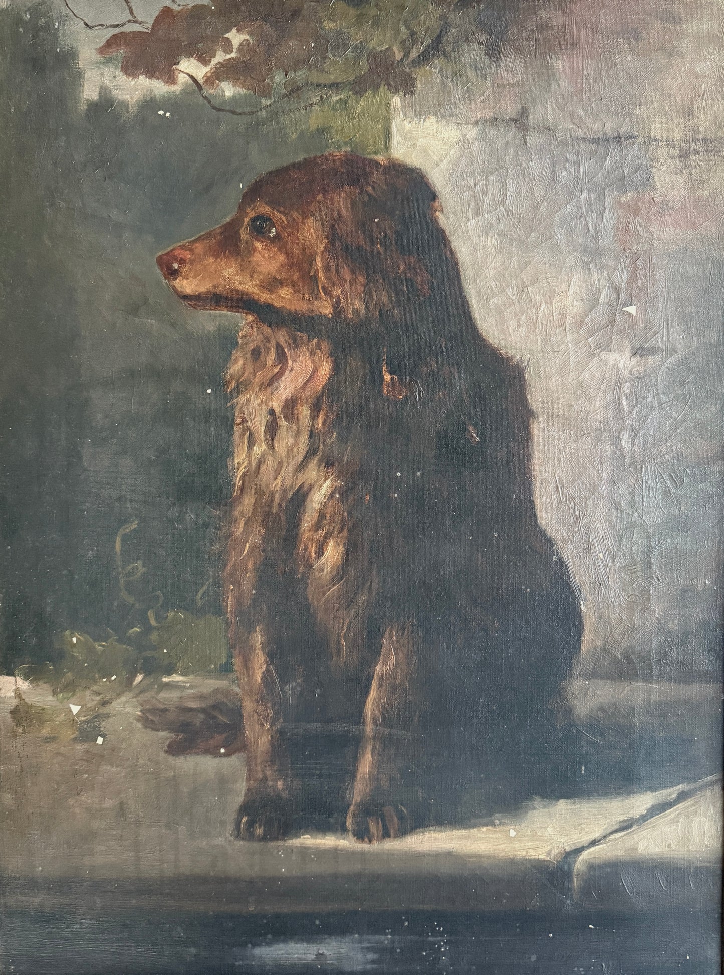 19th Century Dog Portrait Oil Painting in Original Carved Wood Frame