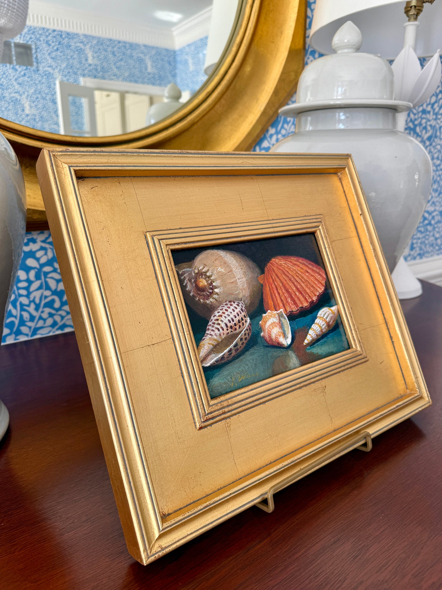 Nautilus Cowrie Scallop Seashells Still Life Oil Painting in Gold Frame