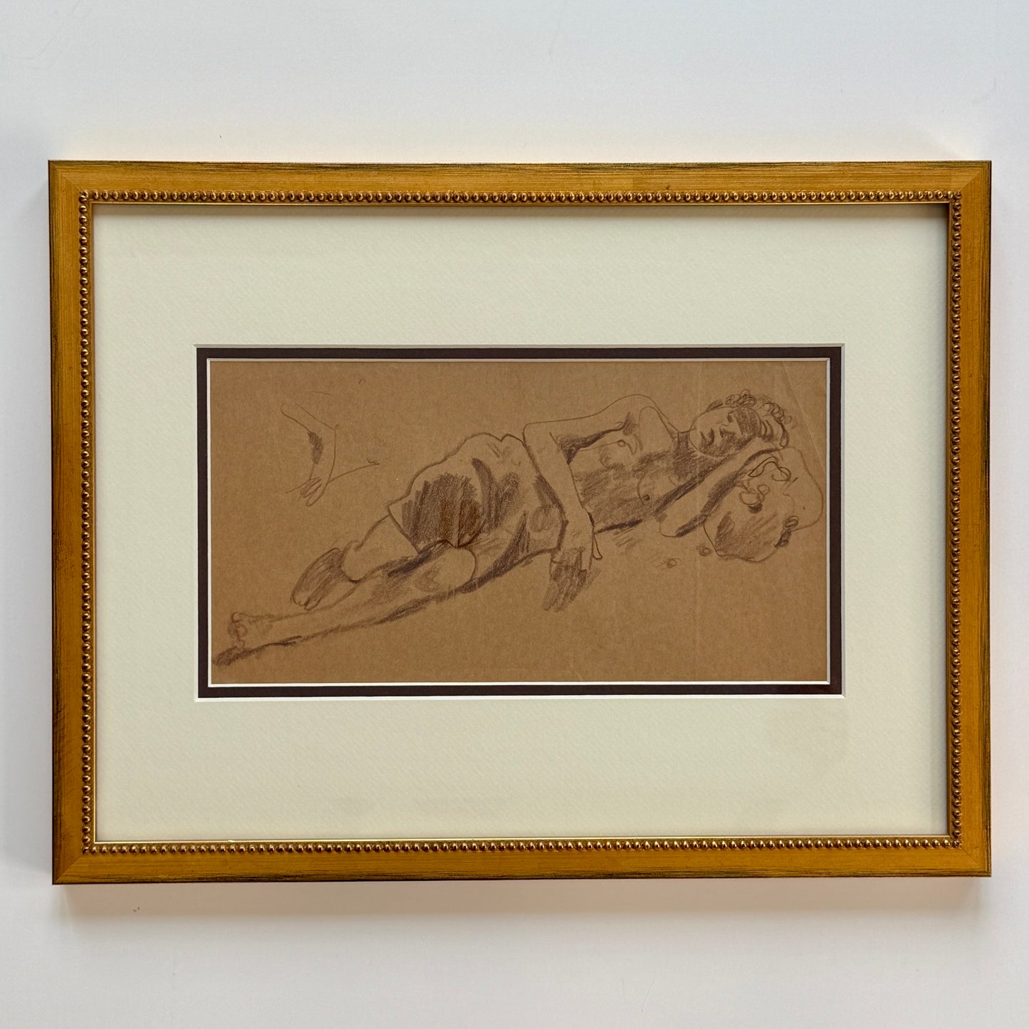 Early 20th C. Figural Drawing Boy Sleeping at Beach in Gold Frame