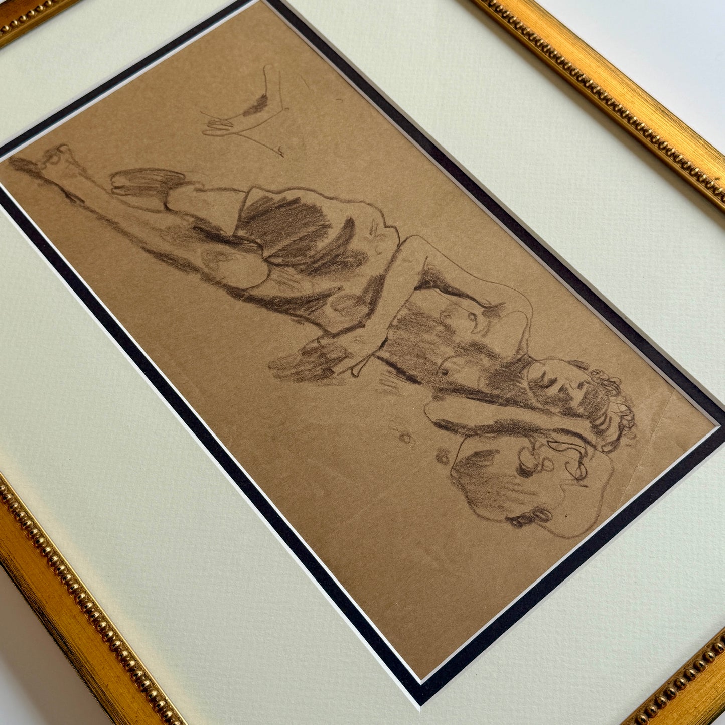 Early 20th C. Figural Drawing Boy Sleeping at Beach in Gold Frame