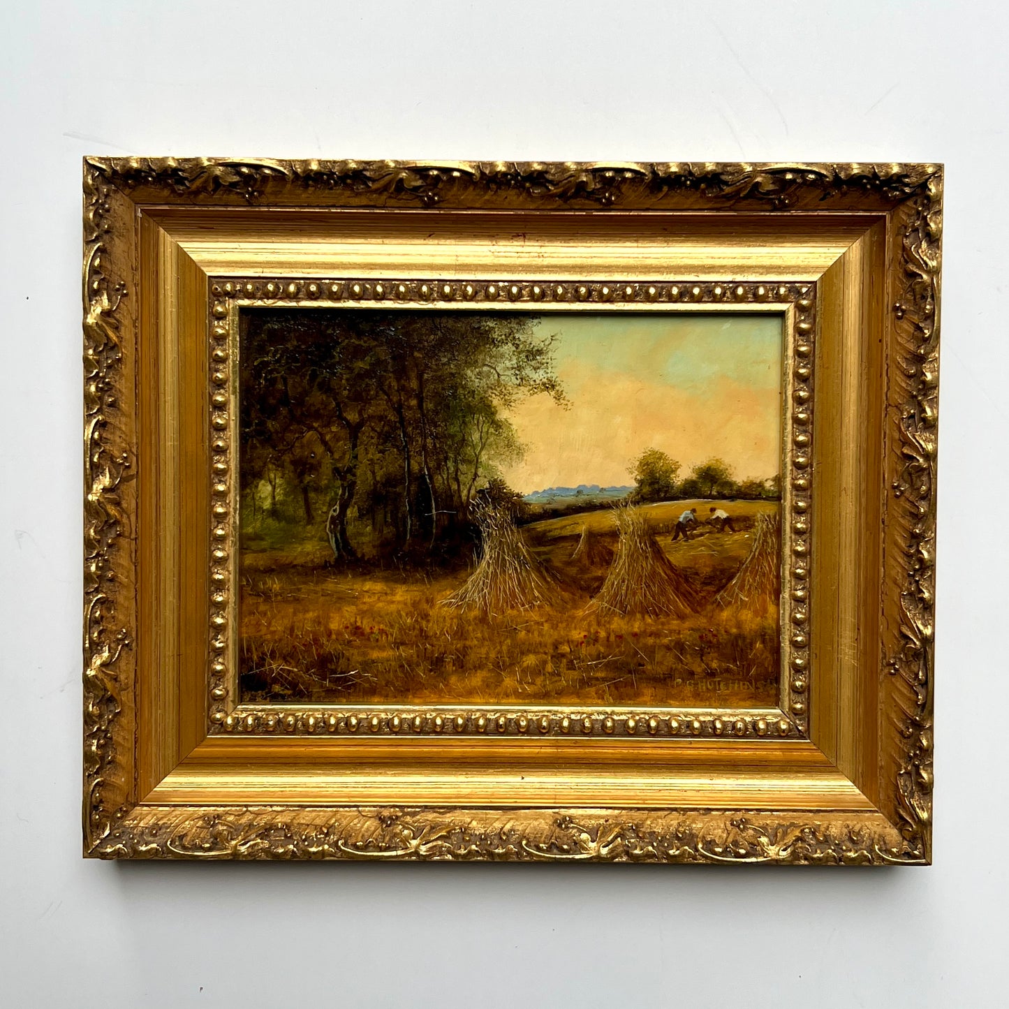 P. Hutchinson Oil Painting "Harvest at Dusk" Landscape in Ornate Gold Frame