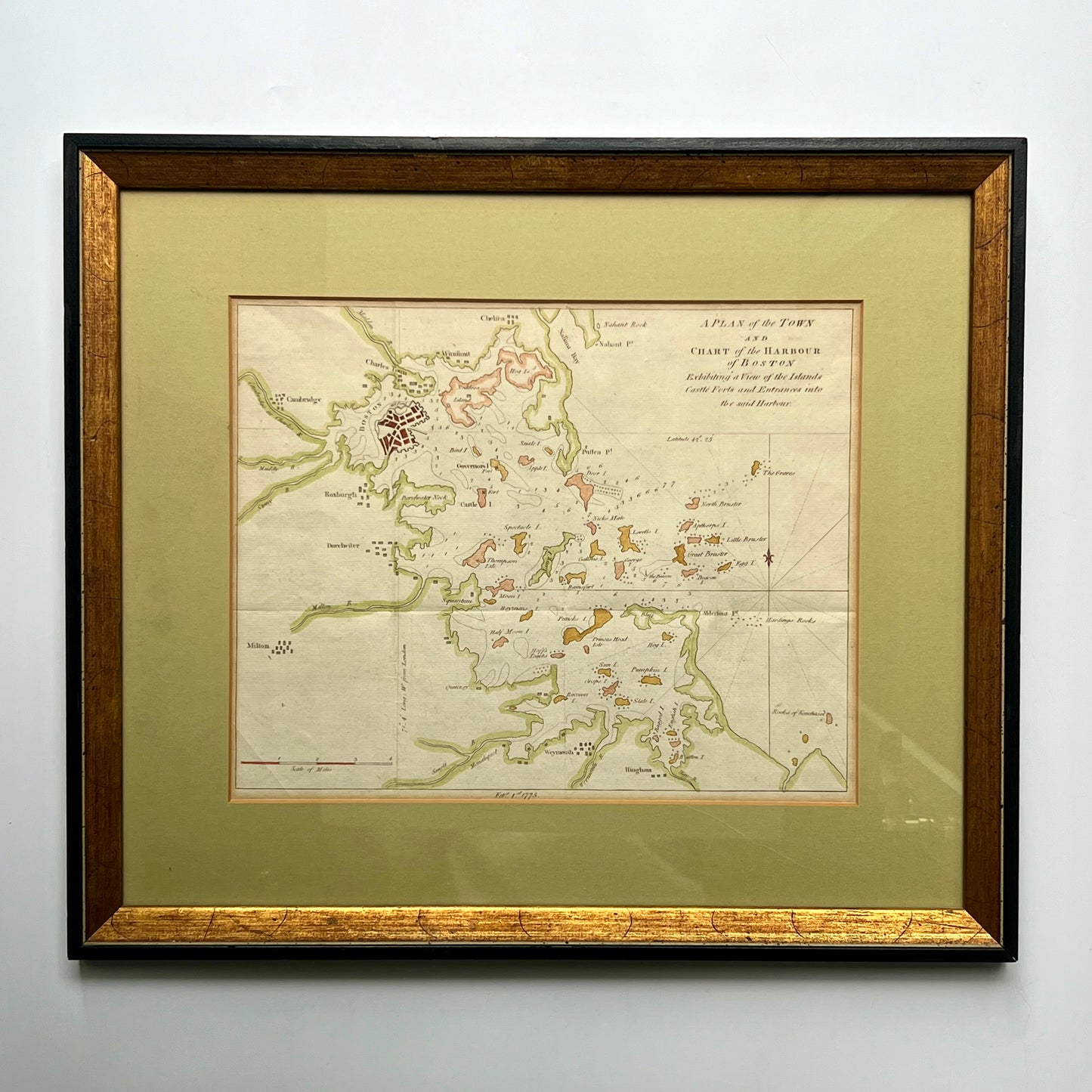 1775 Gentleman's Magazine Colored Antique Map of the Boston Harbor in Gold Frame