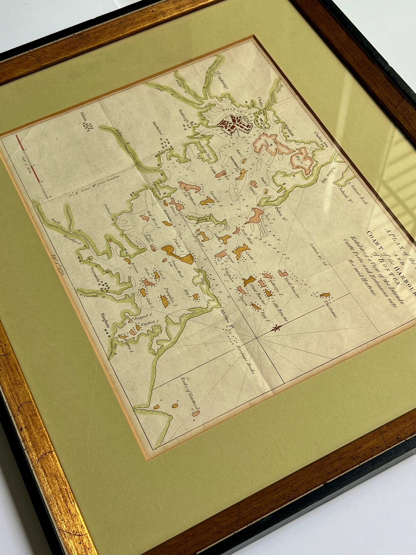 1775 Gentleman's Magazine Colored Antique Map of the Boston Harbor in Gold Frame