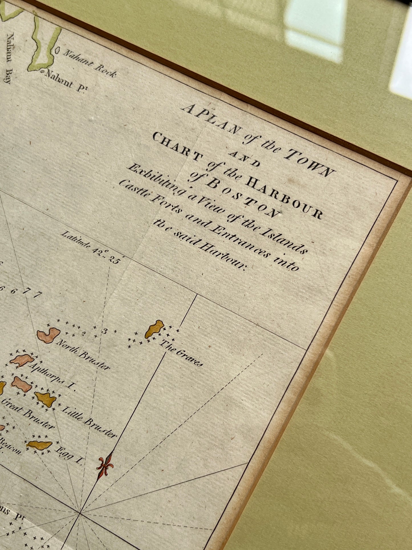 1775 Gentleman's Magazine Colored Antique Map of the Boston Harbor in Gold Frame