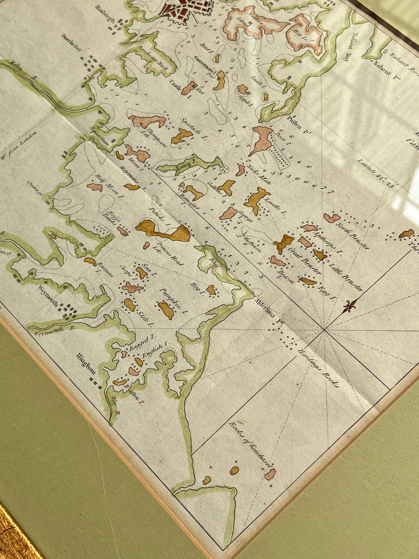 1775 Gentleman's Magazine Colored Antique Map of the Boston Harbor in Gold Frame