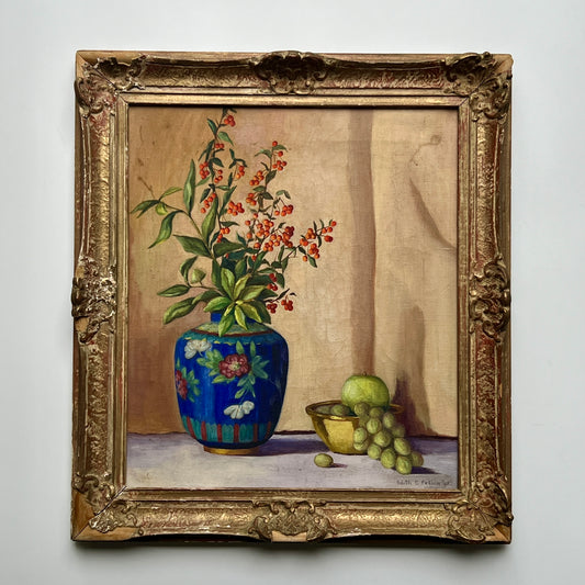 Edith Pedlow 1941 Still Life Oil Painting of Chinoiserie Vase and Fruit in Ornate Frame