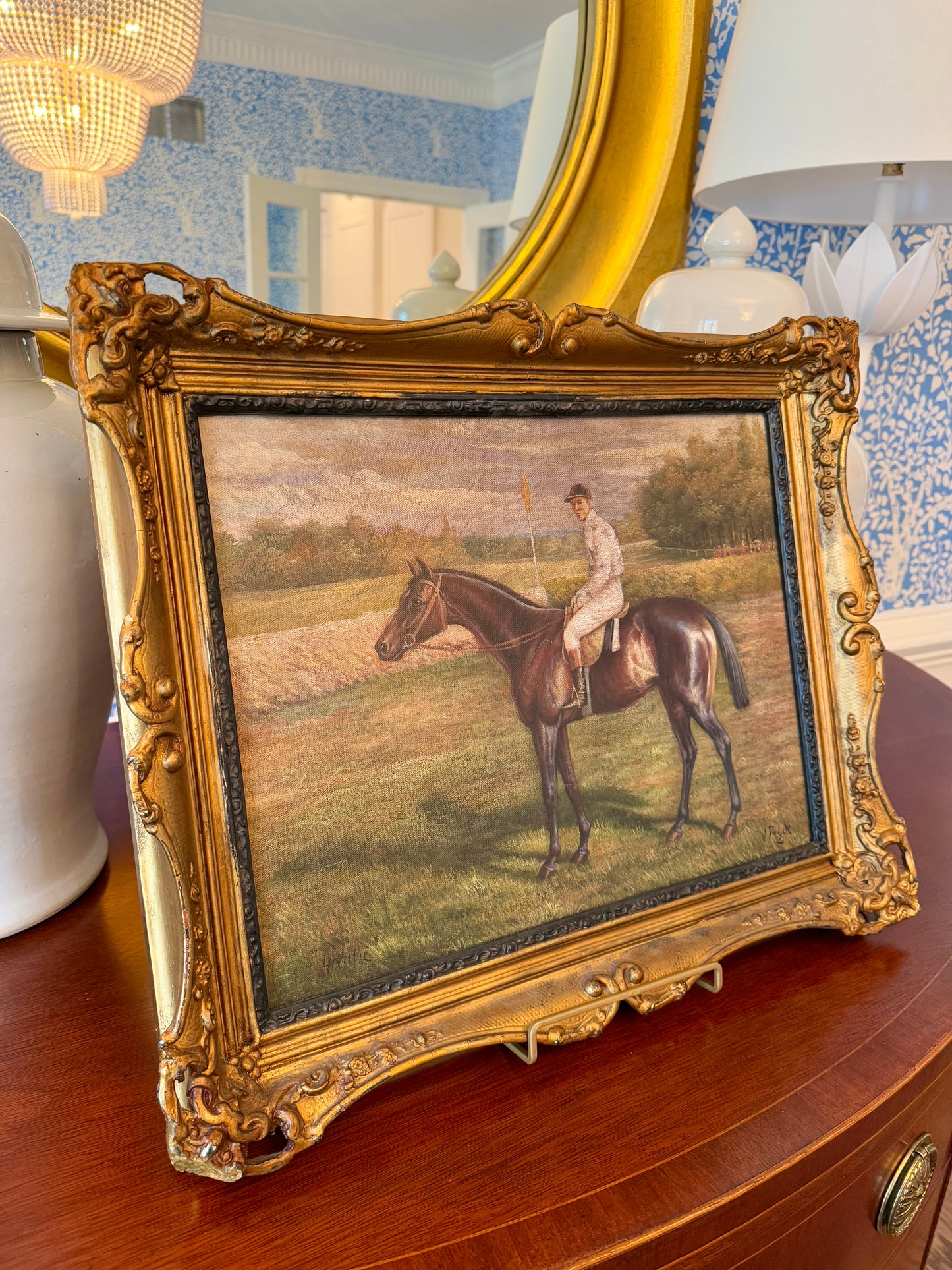 Early 20th C. Equestrian Horse and Jockey Portrait Oil Painting in Ornate Gold Frame