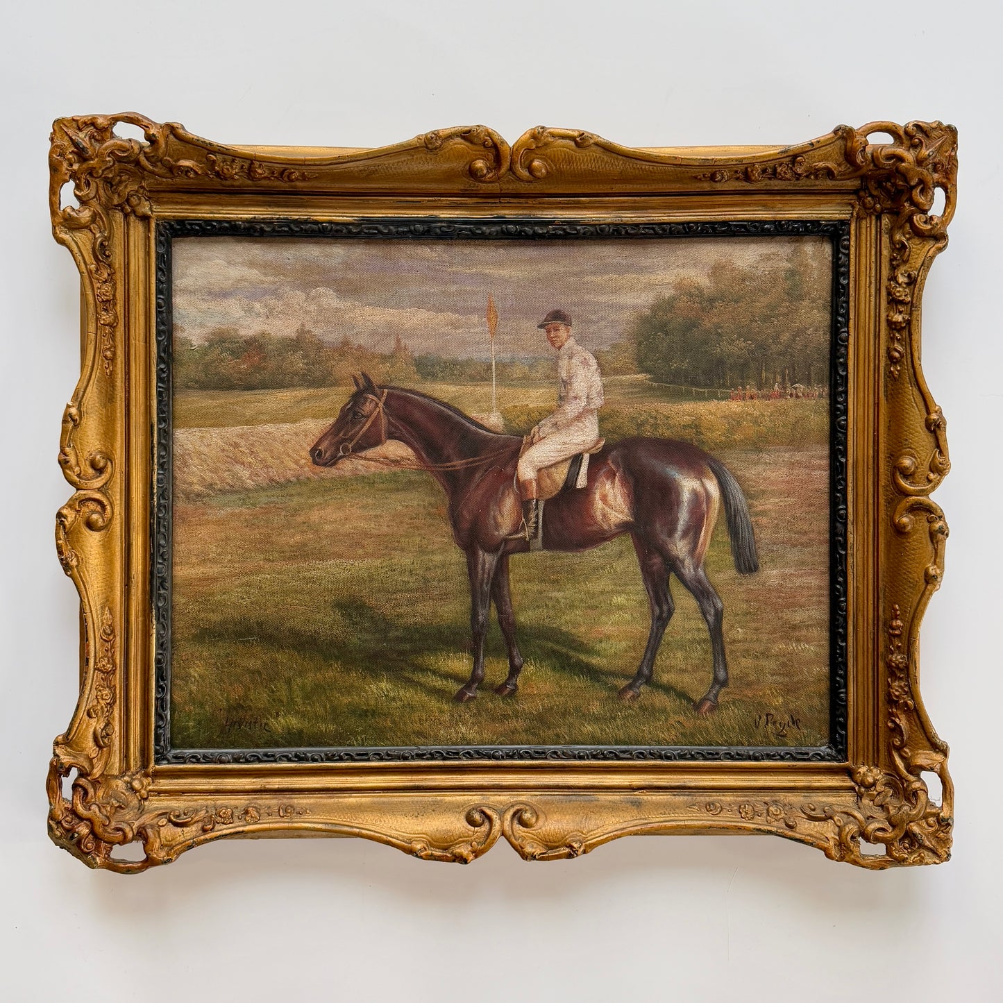 Early 20th C. Equestrian Horse and Jockey Portrait Oil Painting in Ornate Gold Frame