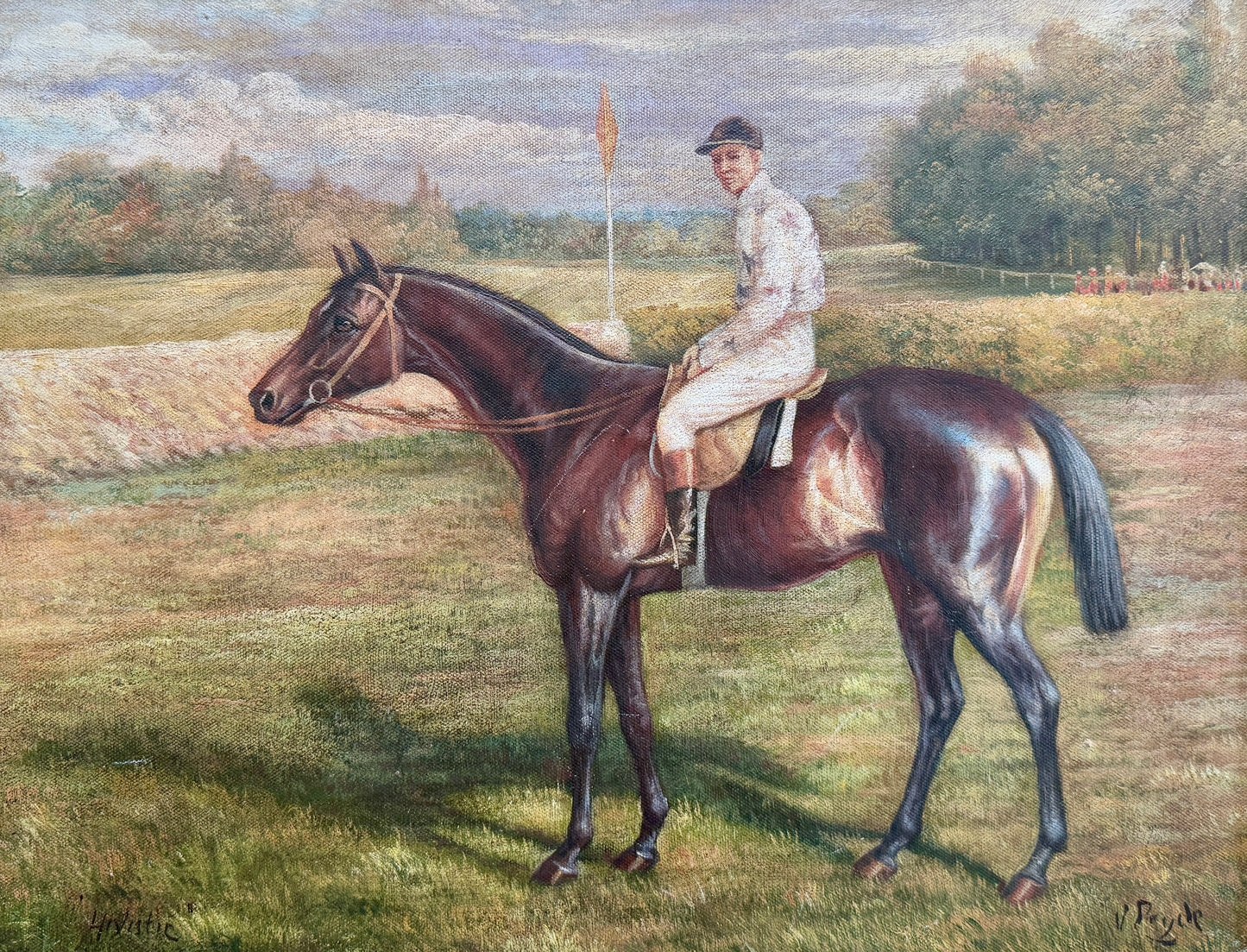 Early 20th C. Equestrian Horse and Jockey Portrait Oil Painting in Ornate Gold Frame