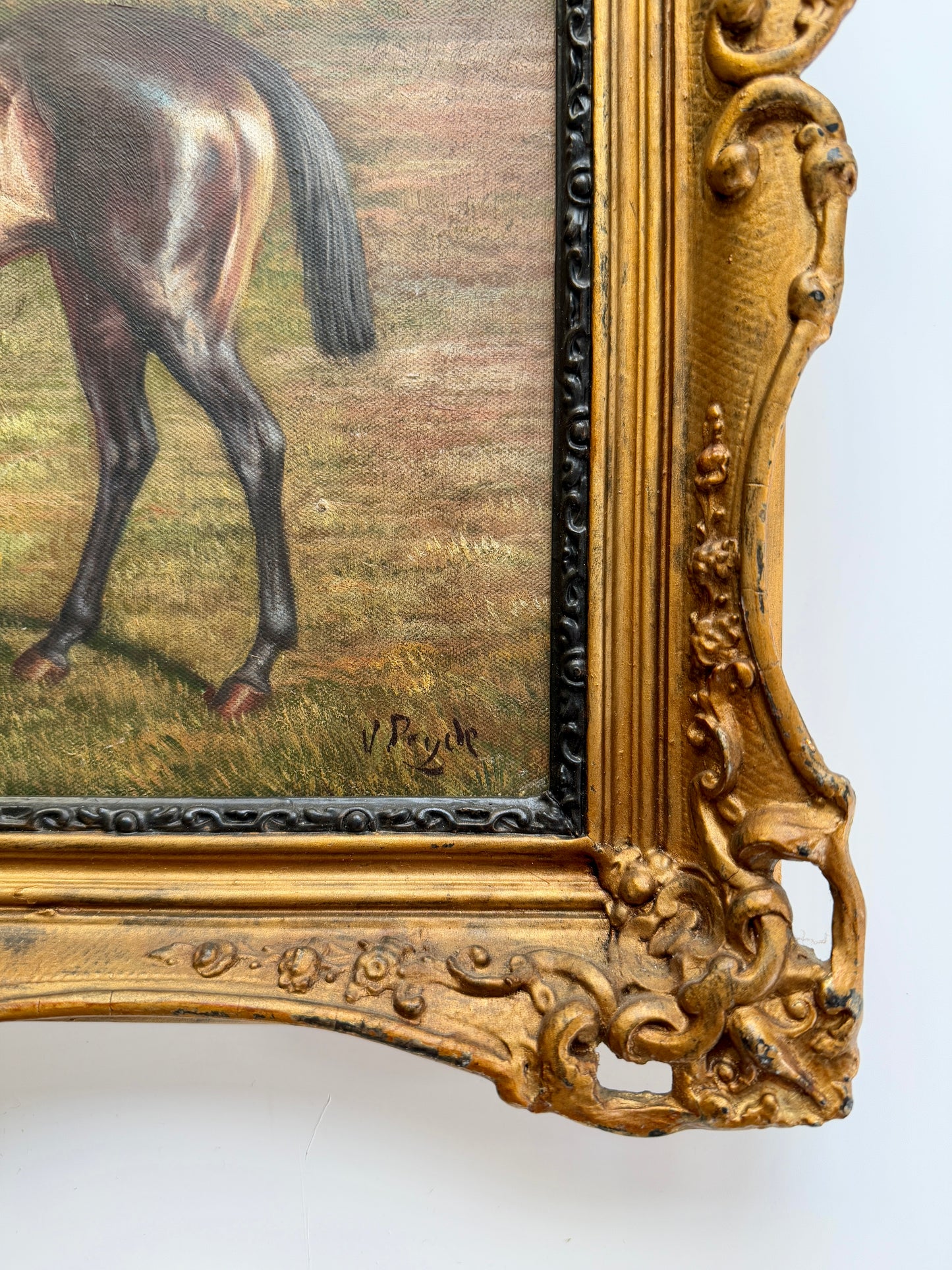 Early 20th C. Equestrian Horse and Jockey Portrait Oil Painting in Ornate Gold Frame