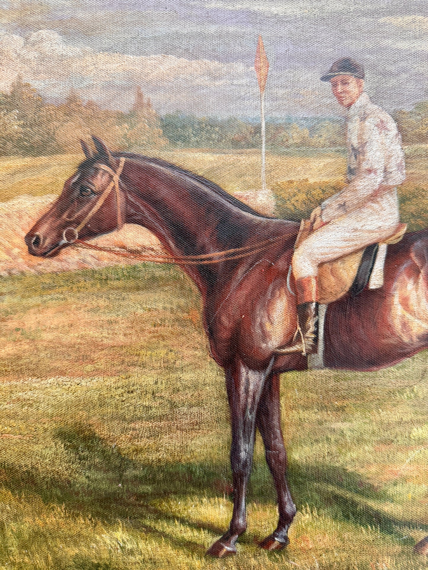 Early 20th C. Equestrian Horse and Jockey Portrait Oil Painting in Ornate Gold Frame