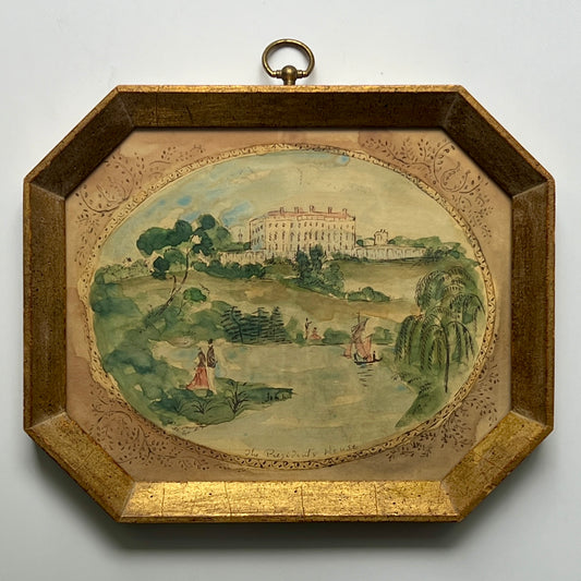 Vintage "The President's House" Watercolor and Ink Landscape in Gold Octagon Frame