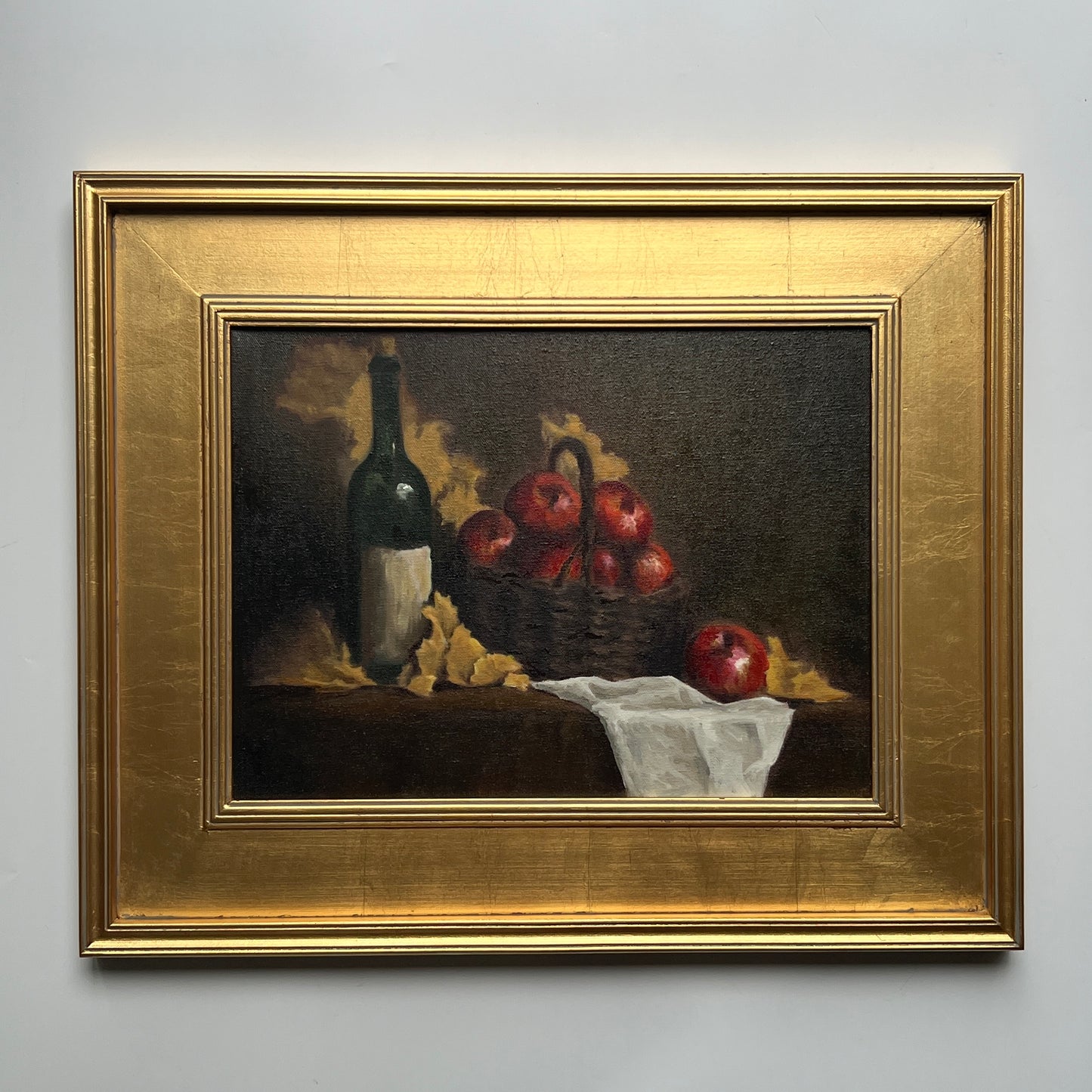 Vintage Rochelle Clayman Still Life Oil Painting Red Wine & Red Apples in Gold Frame