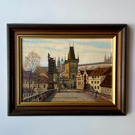 Vintage Crossing the Charles Bridge Prague Oil Painting in Wood Frame