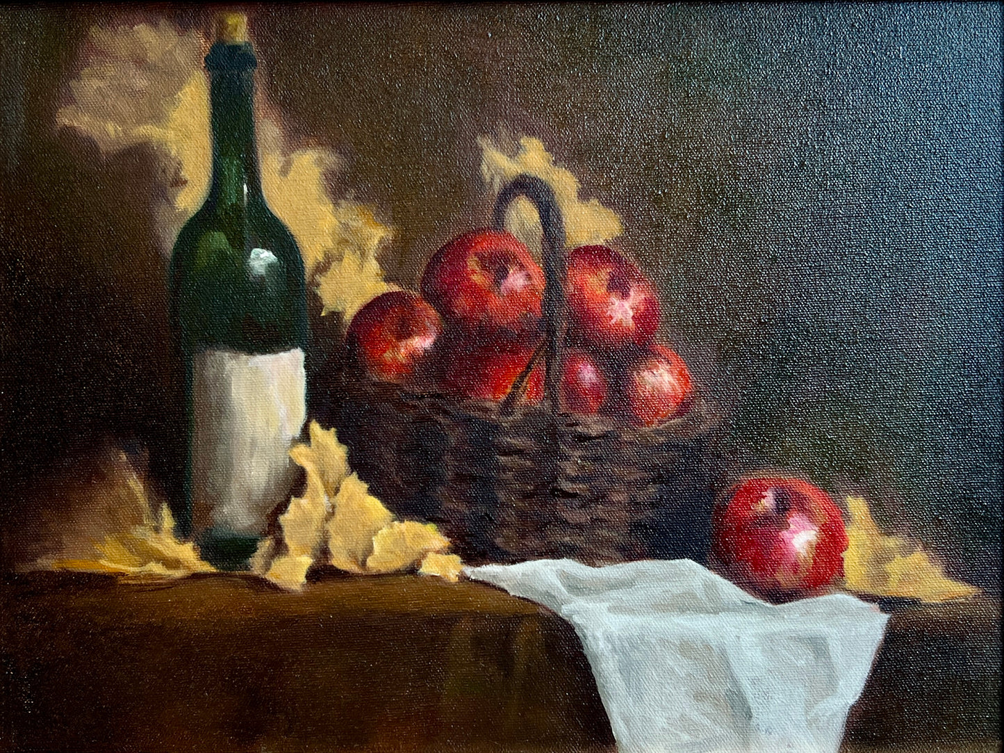 Vintage Rochelle Clayman Still Life Oil Painting Red Wine & Red Apples in Gold Frame