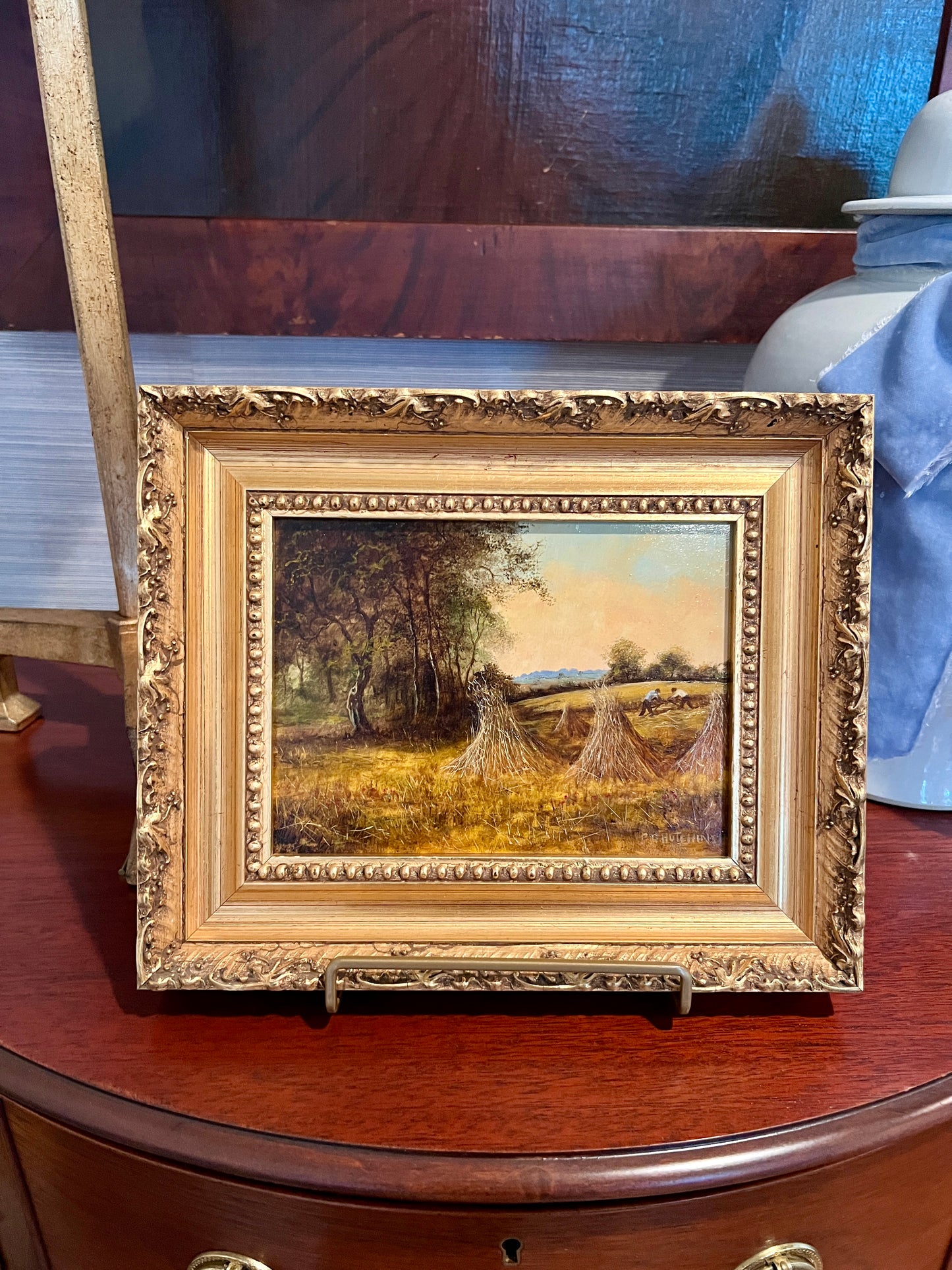 P. Hutchinson Oil Painting "Harvest at Dusk" Landscape in Ornate Gold Frame