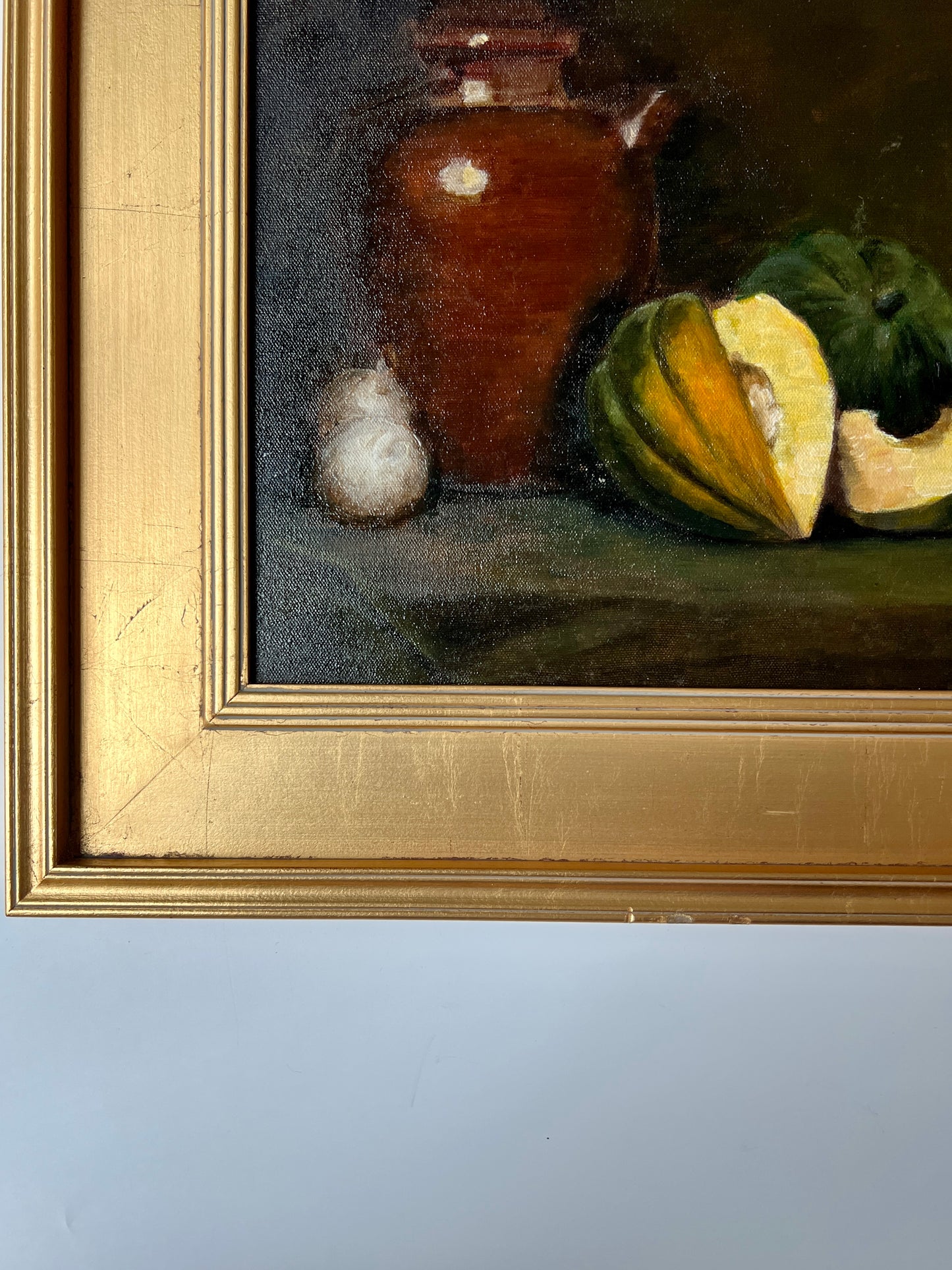 Vintage Rochelle Clayman Still Life Oil Painting Squash and Jar in Gold Frame