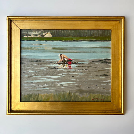 W. Perry New England Clamdigger Coastal Landscape Oil Painting in Gold Frame