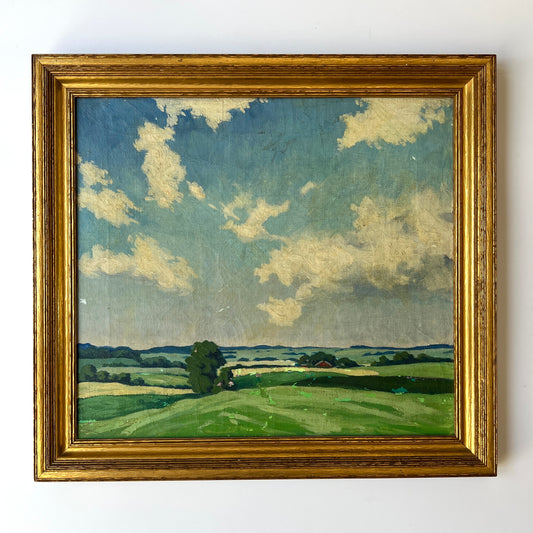 Early 20th Century Blue Skied Country Landscape Oil Painting in Gold Frame