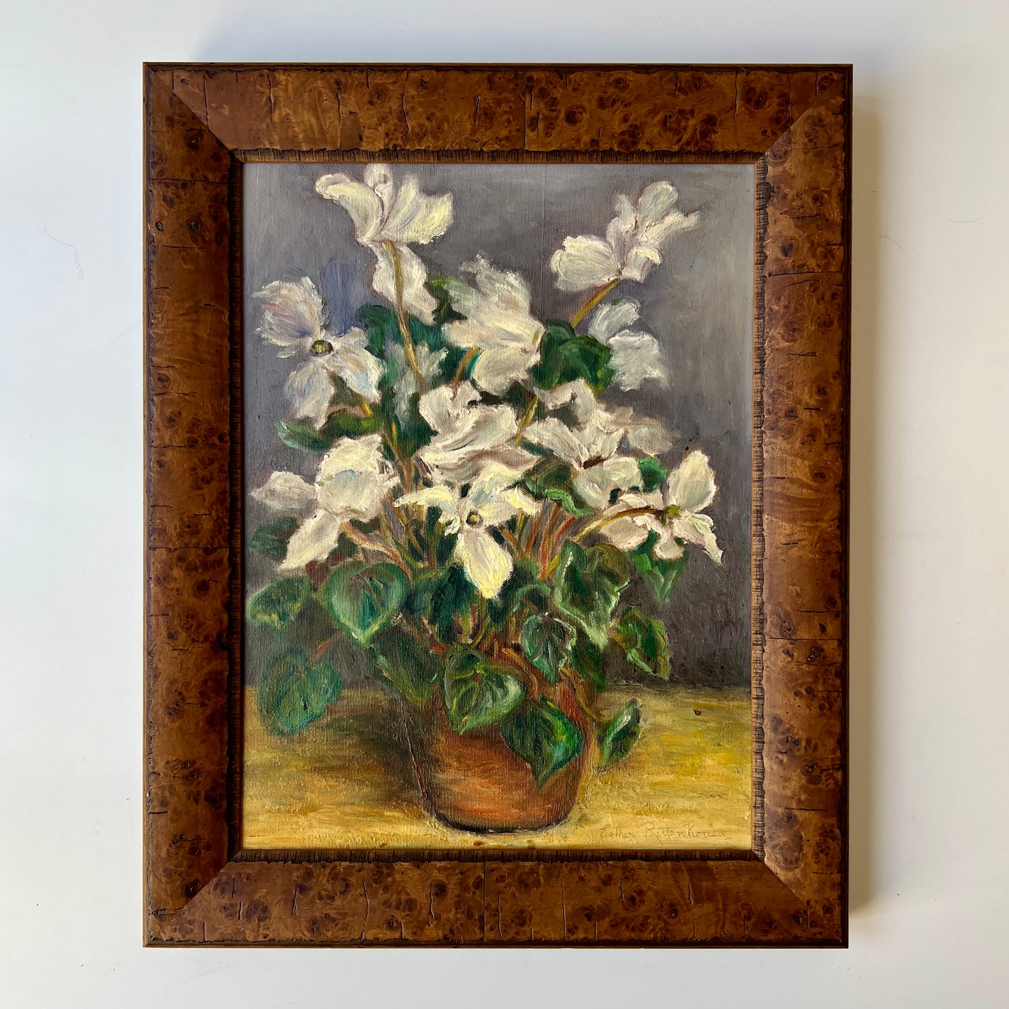 Vintage Still Life Oil Painting of Cyclamen Flowers in Terracotta Pot in Burlwood Frame