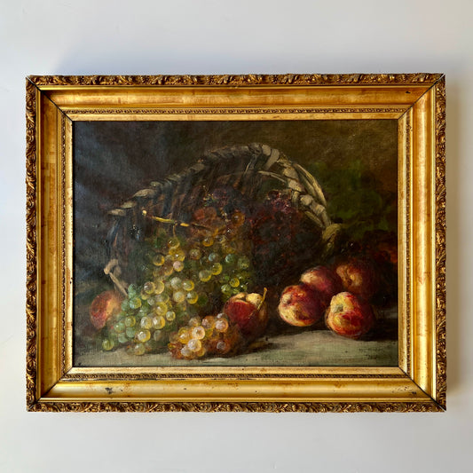 19th Century Parisian Still Life Oil Painting of Grapes and Peaches in Basket in Gold Frame