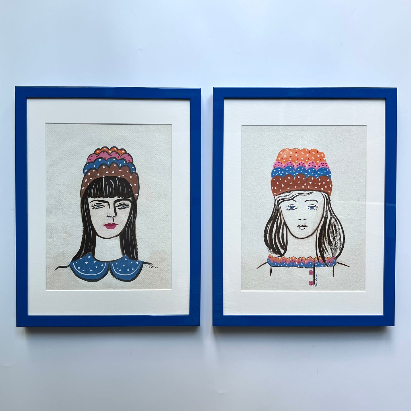 Mary Cane Robinson Pair of Girls in Hats Modernist Gouache Portraits in Blue Frames