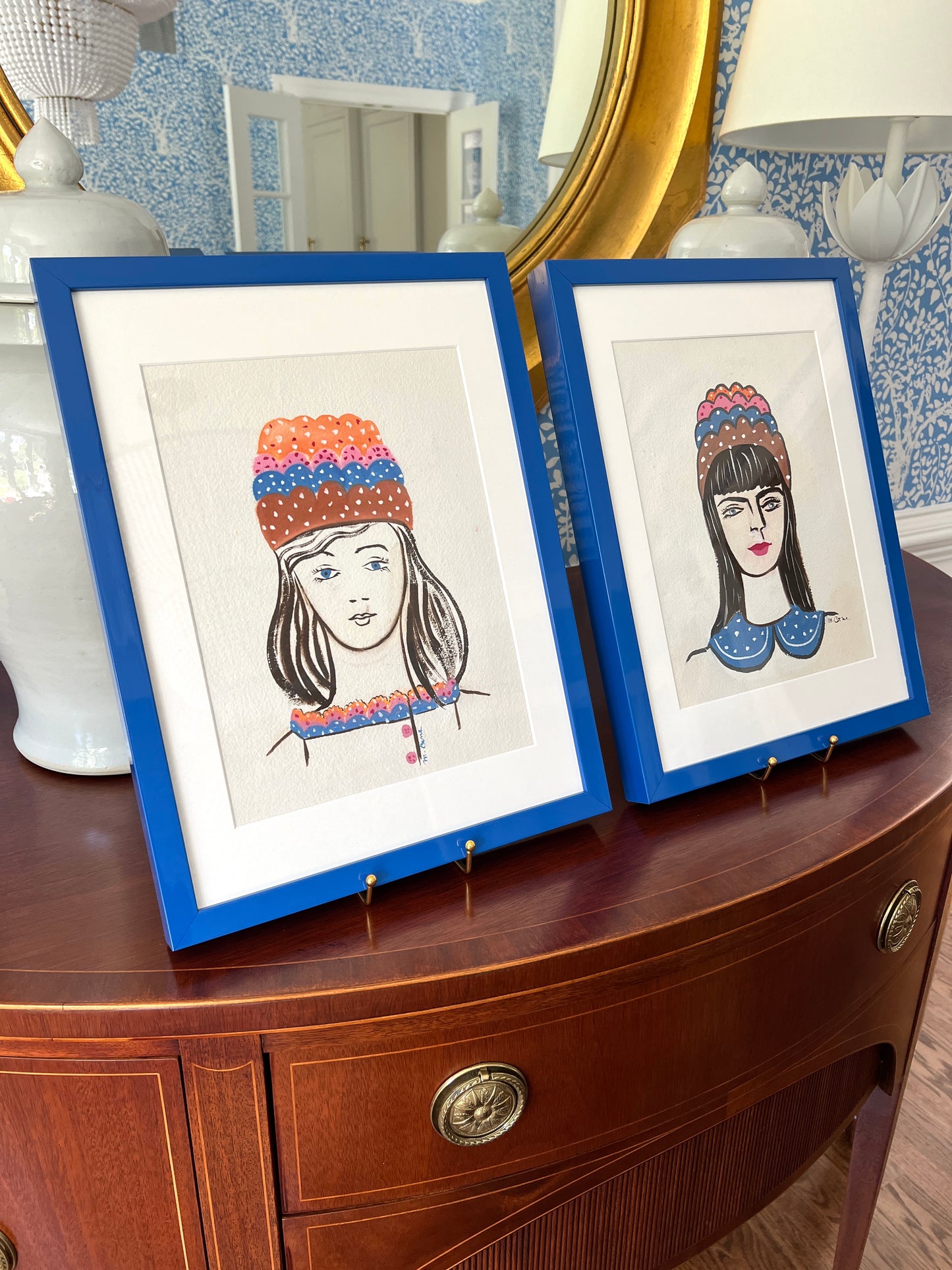 Mary Cane Robinson Pair of Girls in Hats Modernist Gouache Portraits in Blue Frames