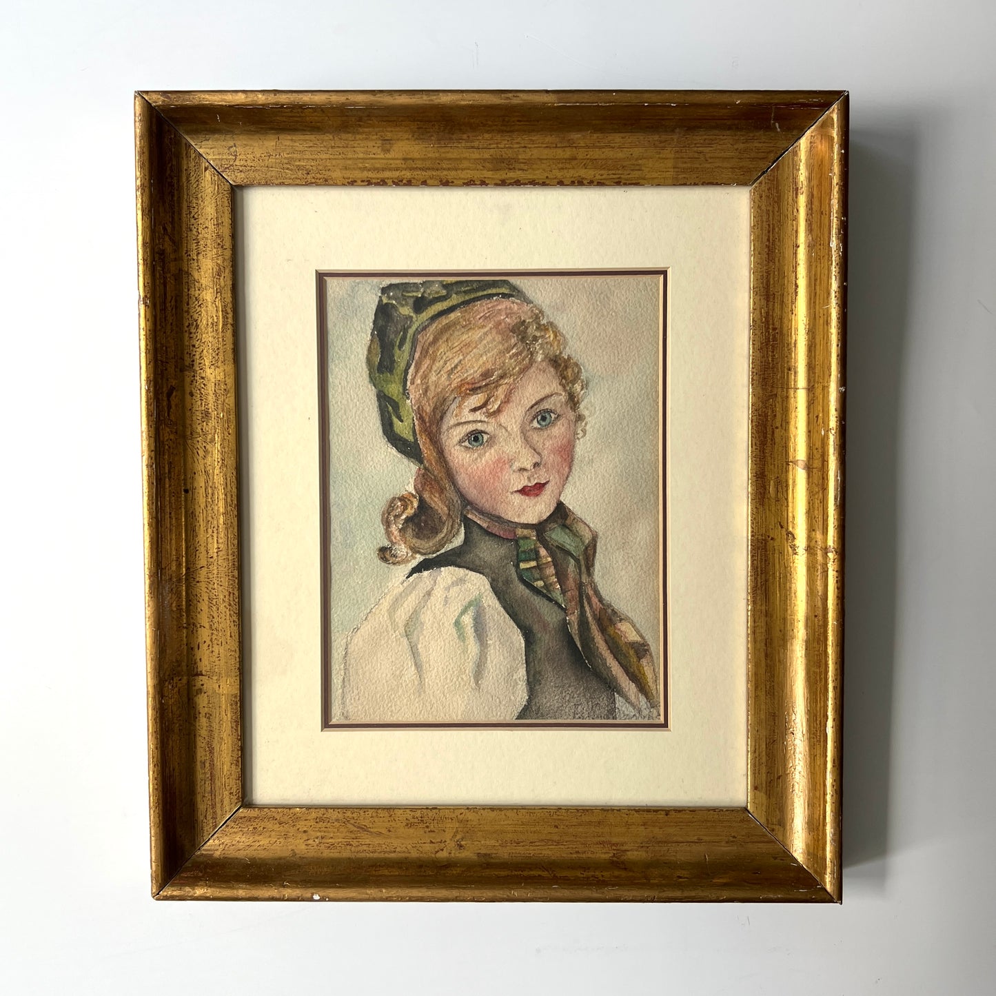 Early 20th Century Watercolor Portrait of Blonde Girl in Gold Frame