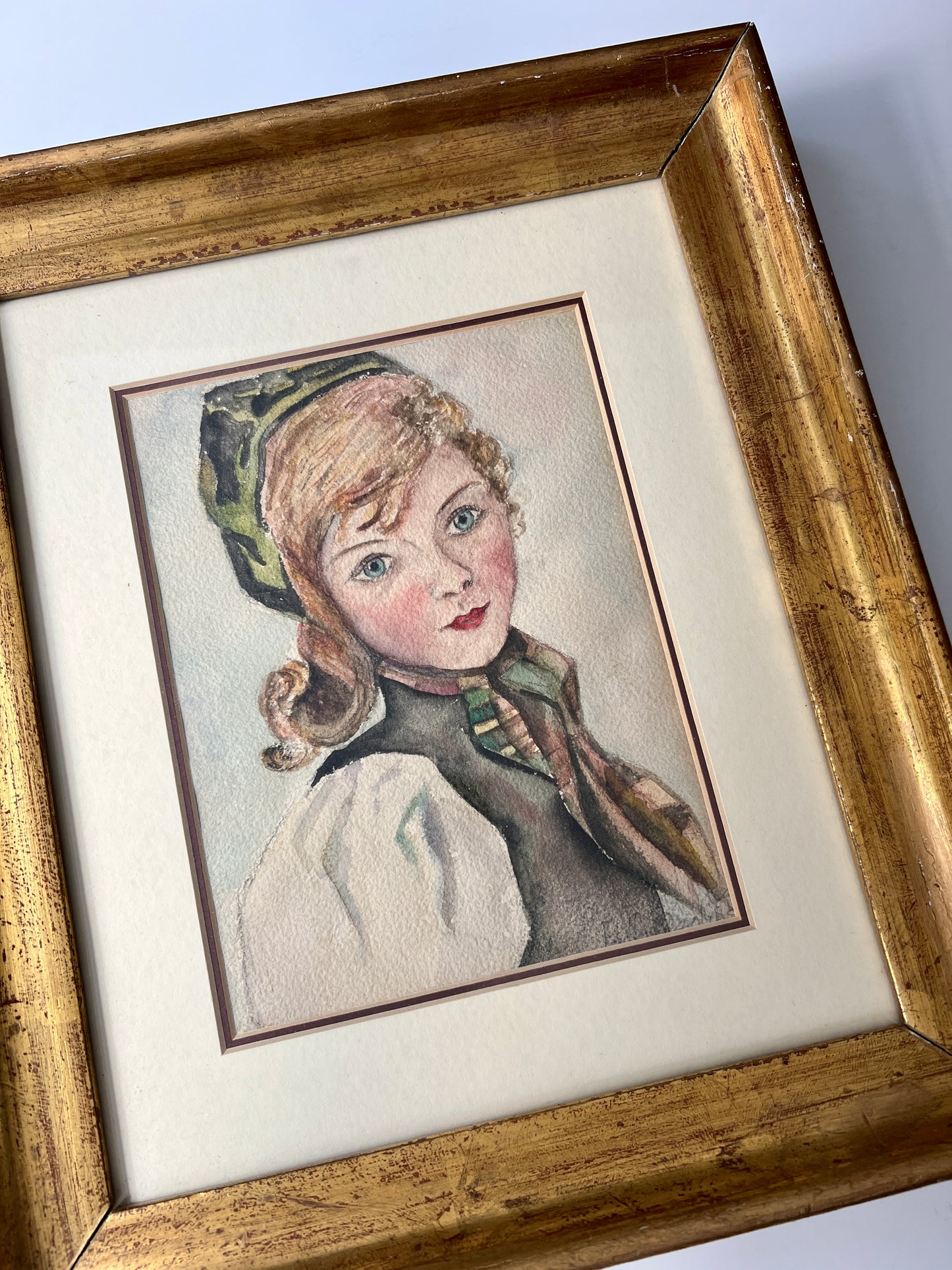 Early 20th Century Watercolor Portrait of Blonde Girl in Gold Frame