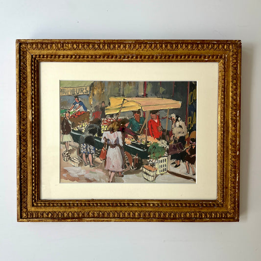 Georges Pacouil Mid Century Parisian Market Gouache Painting in Gold Frame