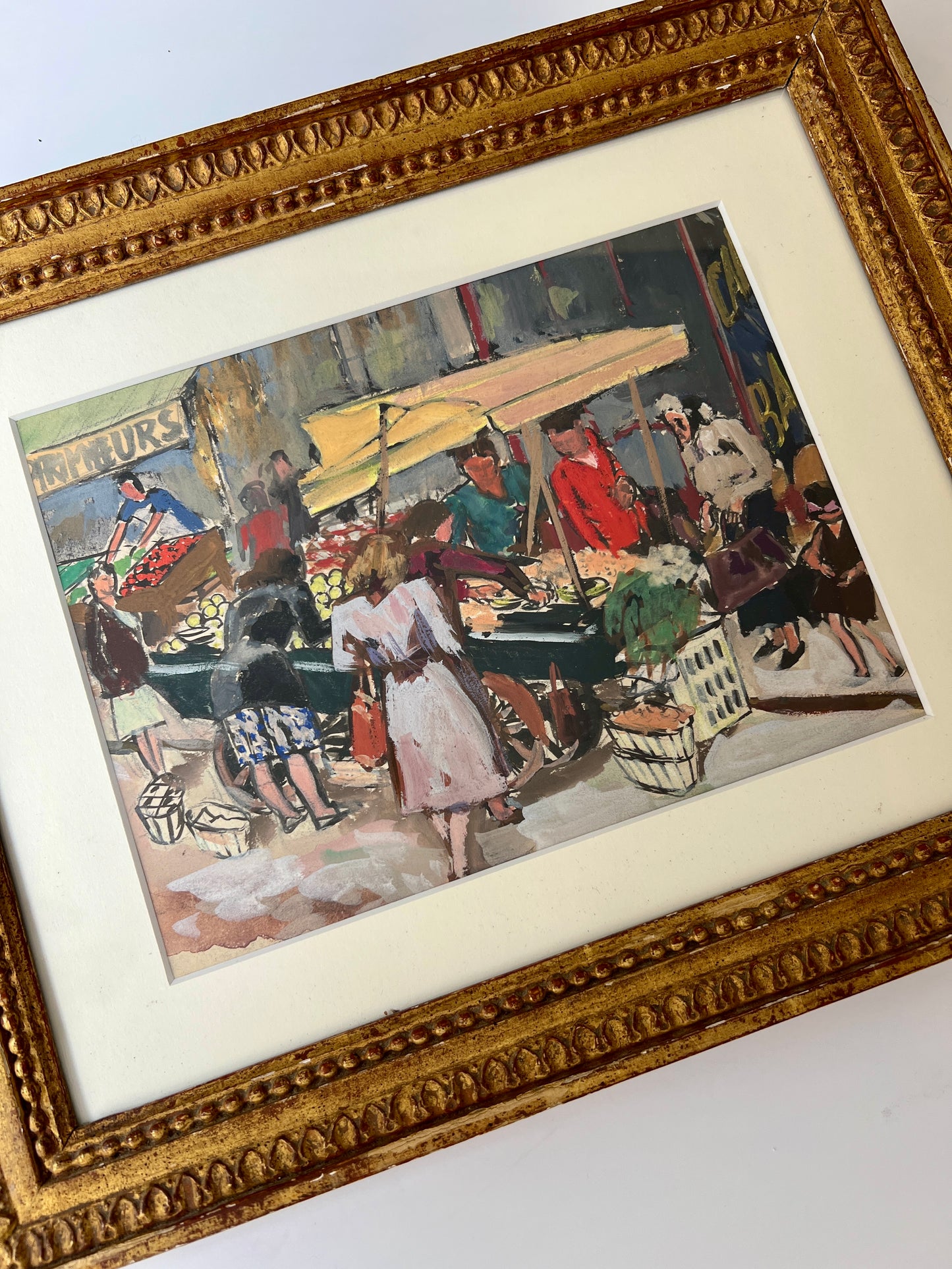 Georges Pacouil Mid Century Parisian Market Gouache Painting in Gold Frame